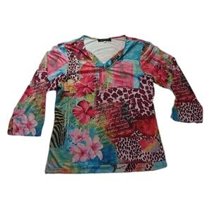 Mesmerize Boho Chic Womens Patchwork Floral Animal Print 3/4 Sleeve V-Neck Sz XL